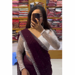 hot fix beautiful designer party wear georgette saree with all over heavy beads work and white colour heavy sequence blouse